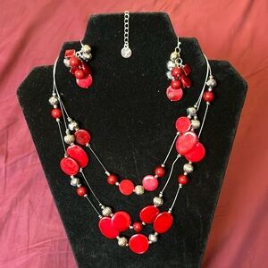 Multi-Strand Red and Silver Tone Beaded Necklace and Earring Set